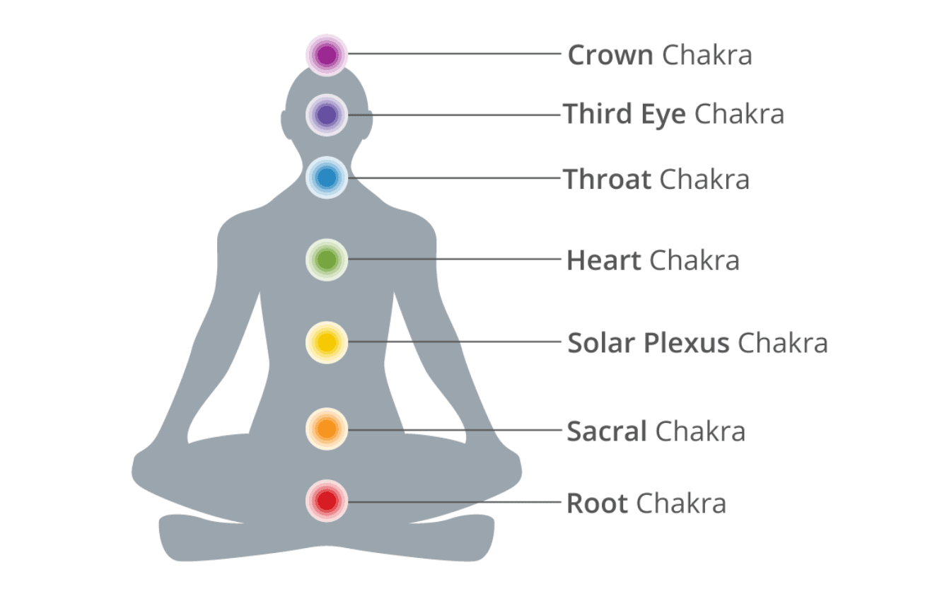 Chakra positions diagram showing all 7 chakras on the human body